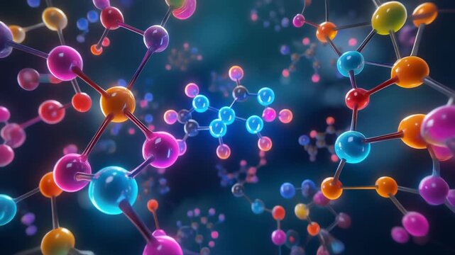 Colorful molecular structure 3D illustration of atoms and bonds in scientific background