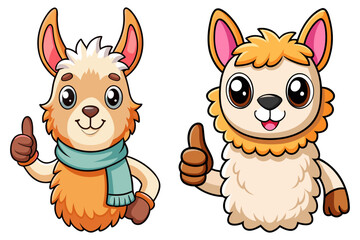 Fototapeta premium A charming vector set of two cute cartoon llama and alpaca characters giving a happy thumbs-up gesture.
