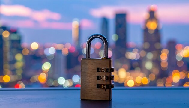 Metal Combination Padlock Standing on Ledge Against Blurred City Skyline at Dusk