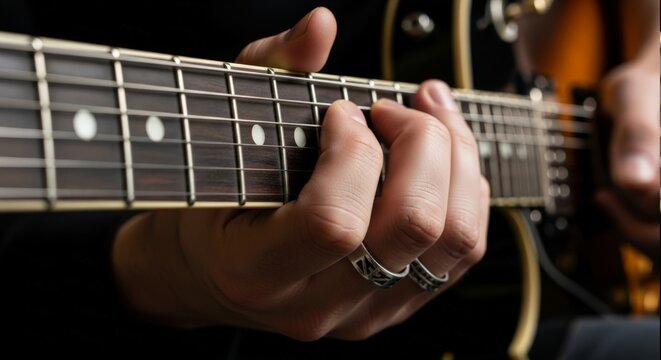 Close-up of a hand playing an electric guitar's fretboard