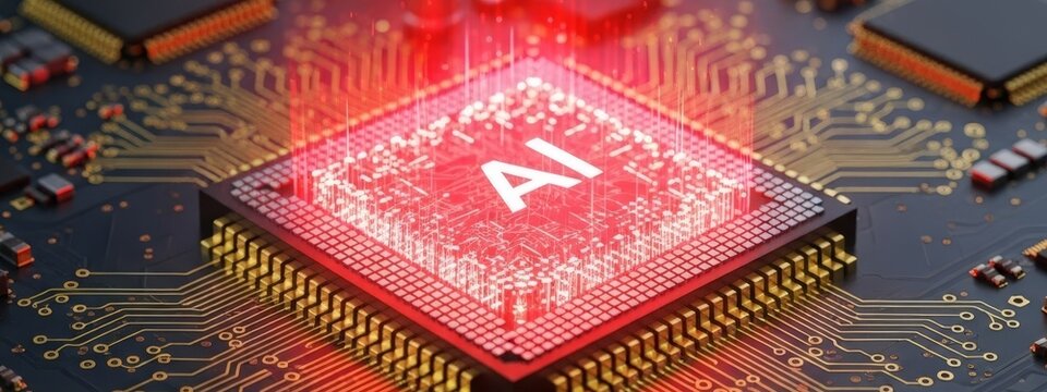 Central AI processor chip with glowing circuits and data flow