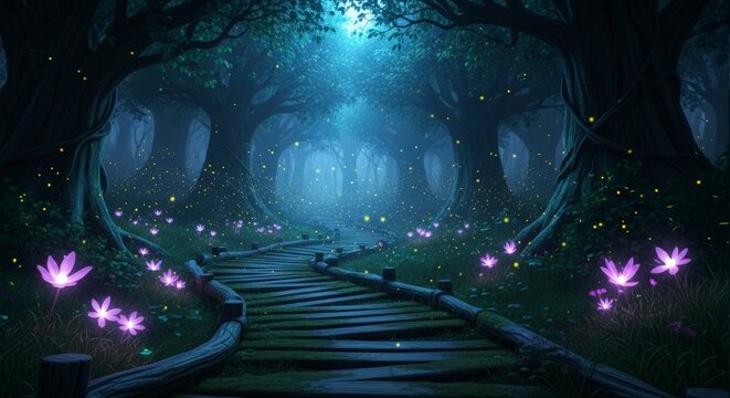 Magical night path through a glowing swamp forest with fireflies