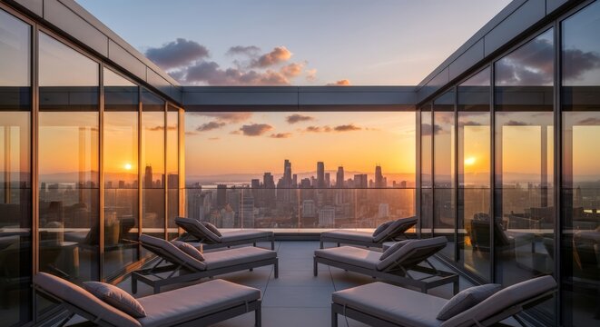 Rooftop terrace with panoramic city skyline view at sunset