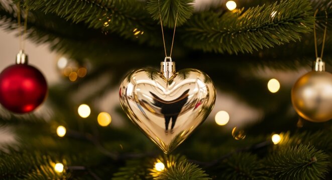 Golden Heart Christmas Ornament on a Twinkling Tree