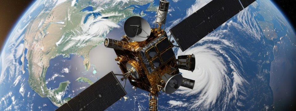 Satellite orbiting Earth, showing continents and city lights