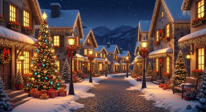 Enchanting Snowy Christmas Village Street at Night with Festive Lights