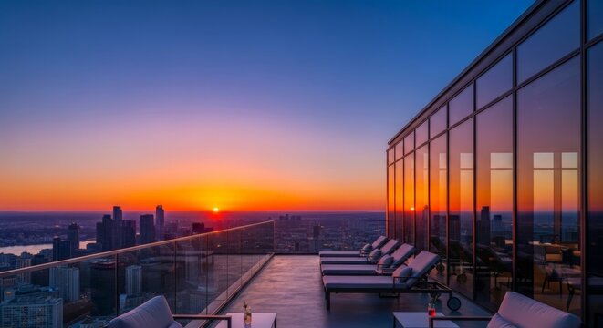 Rooftop terrace with panoramic city skyline view at sunset