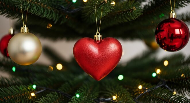 Shiny Red Heart Ornament Reflecting Christmas Lights and Person