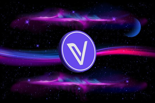vechain-vet cryptocurrency logos on digital background. 3d illustrations.