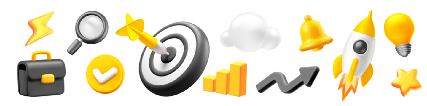 3d business startup icons set, realistic rising trend arrow graph and rocket launch, target board and golden notification alert bell, corporate briefcase and creative idea lightbulb vector collection