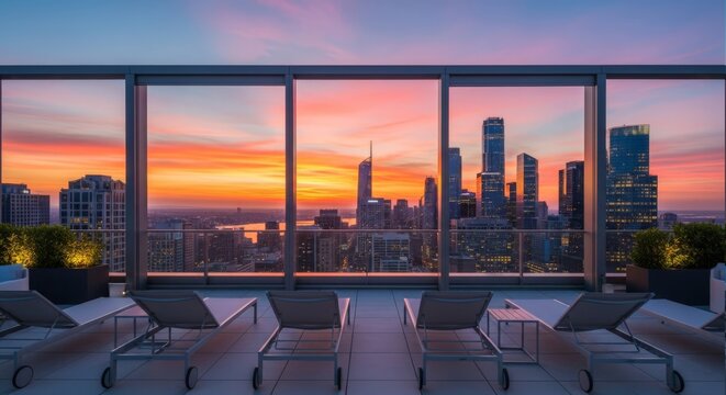 Rooftop terrace with panoramic city skyline view at sunset