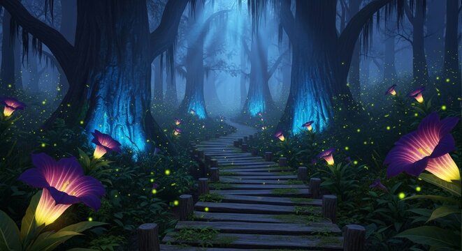 Magical night path through a glowing swamp forest with fireflies