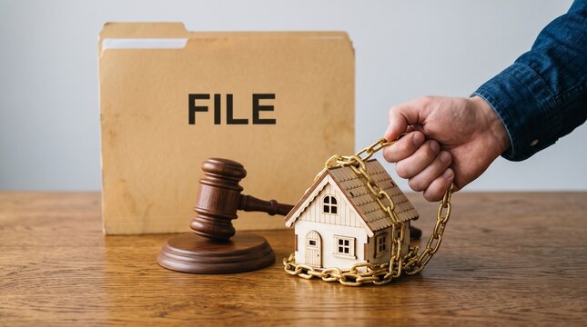 Foreclosure concept with house model wrapped in chains, wooden judge gavel and legal file folder, real estate law and property seizure