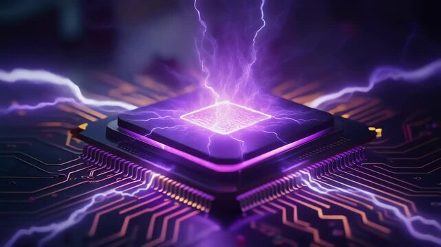Futuristic glowing microchip with purple electric energy on circuit board technology background
