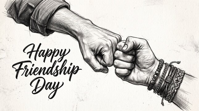 Happy Friendship Day greeting with fist bump sketch, charcoal drawing of friends hands bumping, vintage pencil illustration for social media