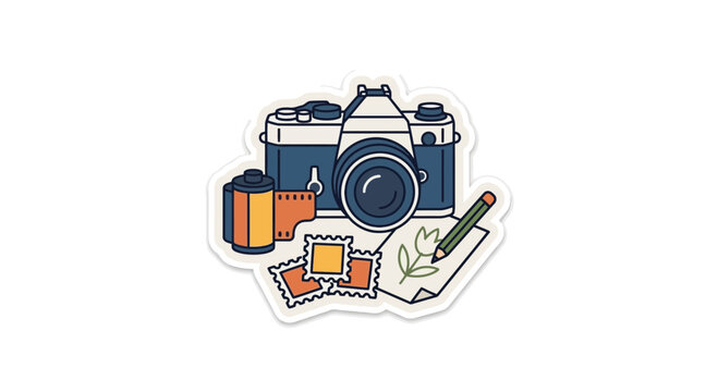 Retro Camera, Film Roll, and Art Supplies Illustration