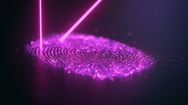 Futuristic biometric fingerprint scan with glowing purple particles for digital identity and cybersecurity