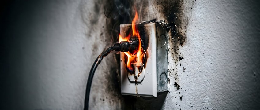 Electrical fire burning at a wall outlet socket with smoke and damage