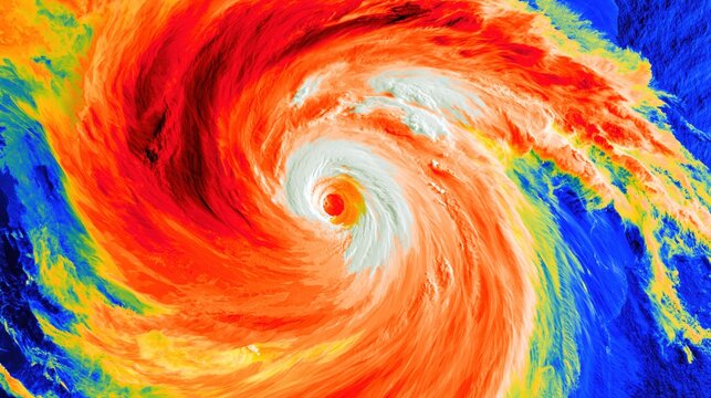Ultra realistic infrared style satellite view of powerful hurricane over ocean with massive spiral storm system