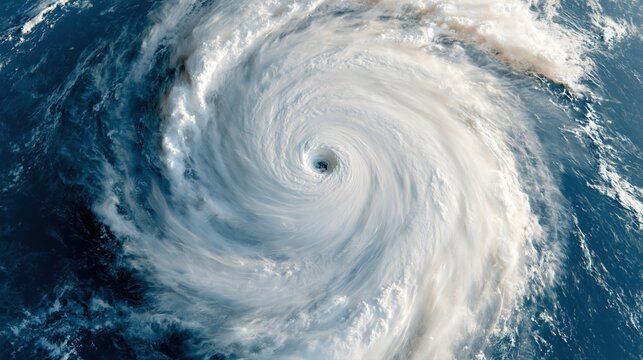 Ultra realistic satellite view of powerful hurricane over deep blue ocean with perfectly defined eye of the storm