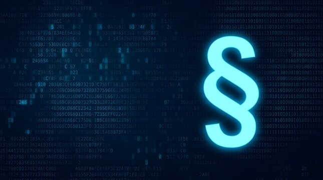 Glowing cyan neon section sign symbol on dark digital binary background with abstract, technology