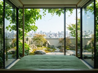 Fototapeta premium Japanese style bedroom with floor to ceiling windows and garden view