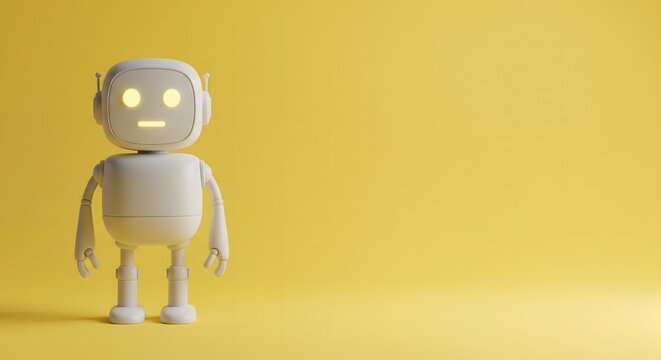 Minimalist white robot figurine standing on a solid yellow background with ample copy space