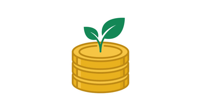 Vector icon of a green plant sprout growing from a stack of gold coins.