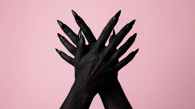 Black gloved hands with long nails crossed against soft pink background, dramatic lighting and dark fantasy aesthetic