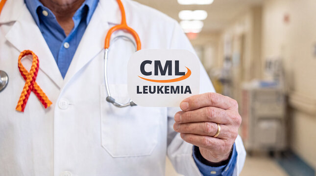Doctor holding CML leukemia awareness sign. Medical professional supporting cancer patients.