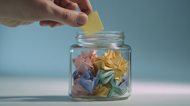 Hand putting paper note into glass jar, colorful crumpled paper slips in transparent container, concept of feedback or lucky draw