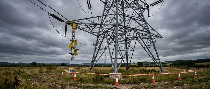 High voltage electricity transmission pylon under a stormy sky in a field