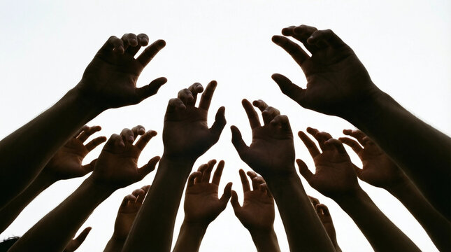 Silhouetted hands reaching upward against bright sky, symbolizing unity, hope, or collective aspiration in a dynamic composition