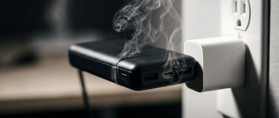 Naklejka premium Smoking portable power bank overheating while charging in electrical outlet