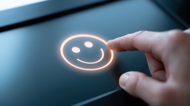 A human finger touching a glowing, orange, line-art smiley face on a dark, reflective digital touchscreen display