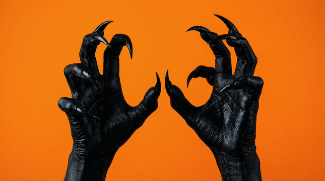 Black clawed hands reaching forward against orange background, Halloween horror concept