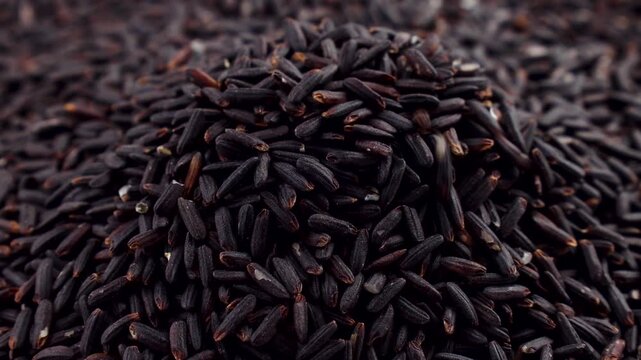 Black or Purple Rice or Riceberry falling down close up