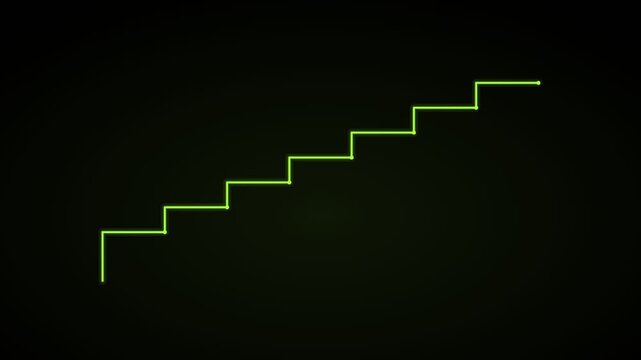 ascending staircase growth chart on a black background, lime green color