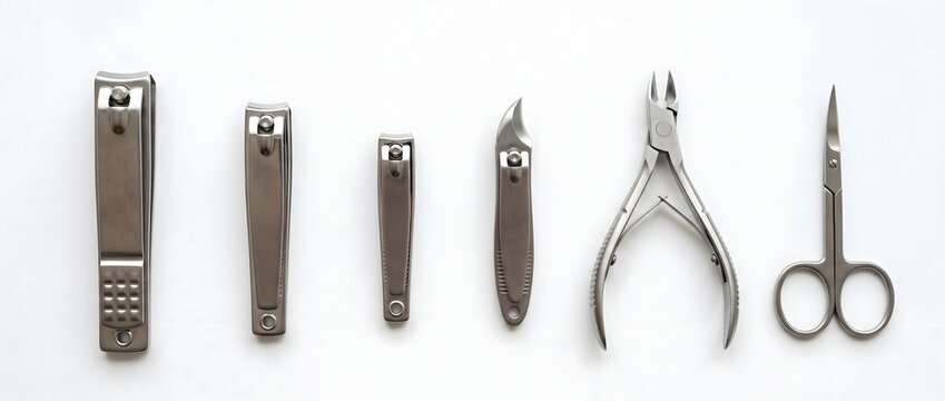 Stainless steel manicure tool set including nail clippers and scissors on white background.
