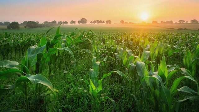 Sunrise over a green cornfield with dew drops and distant trees in a serene agricultural landscape