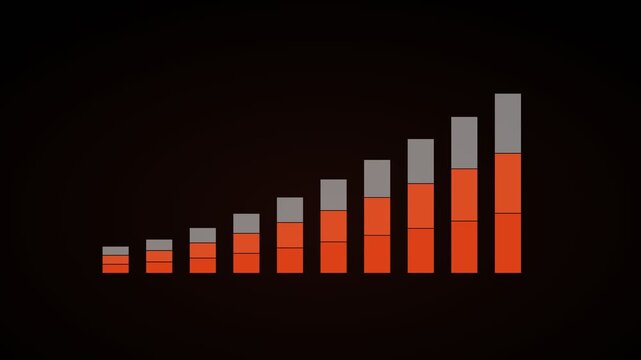 ascending stacked bar growth chart on a black background, red and orange color