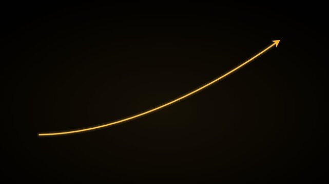 rising growth curve with an arrow head on a black background, gold color