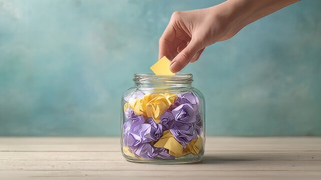 Crumpled paper notes in glass jar, hand putting yellow note in donation jar, creative brainstorming and feedback collection concept
