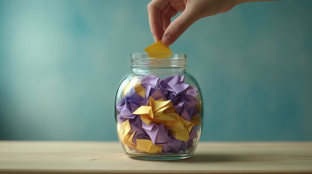 Glass jar filled with colorful paper notes, hand putting a yellow note into a jar, concept of savings, gratitude, or raffle on blue background