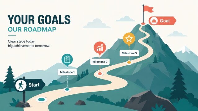 Business goals roadmap flat vector with mountain flag and path