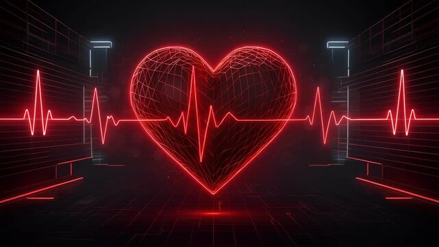 Futuristic glowing red heart with heartbeat line in digital technology background