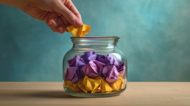 Hand putting crumpled paper notes into glass jar, colorful paper balls for ideas and feedback, creative brainstorming concept on wooden table