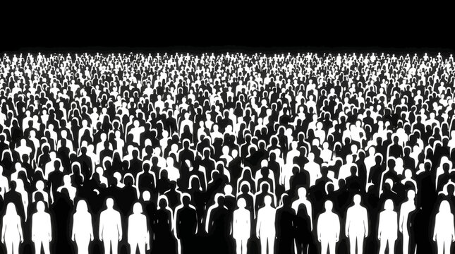 Crowd of diverse individuals stands together in a dense formation representing social unity and collective human effort within a modern organizational structure.
