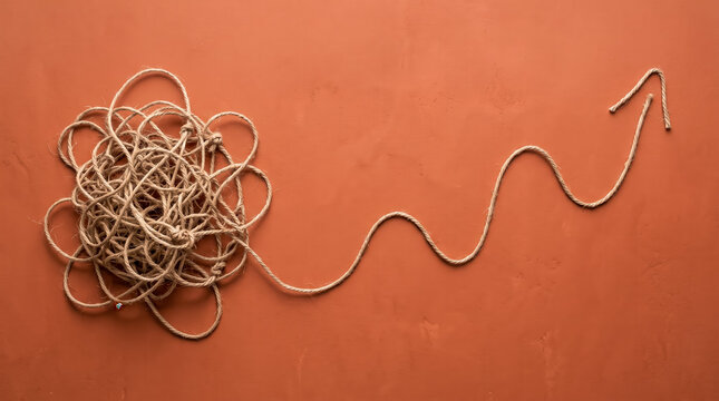 Creative rope ball transforming into upward growth trend chart against orange background