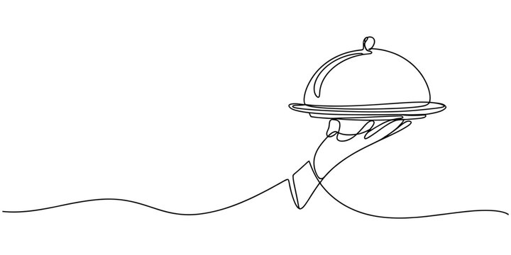 Continuous single line drawing of a waiter hand holding a silver food serving platter dome